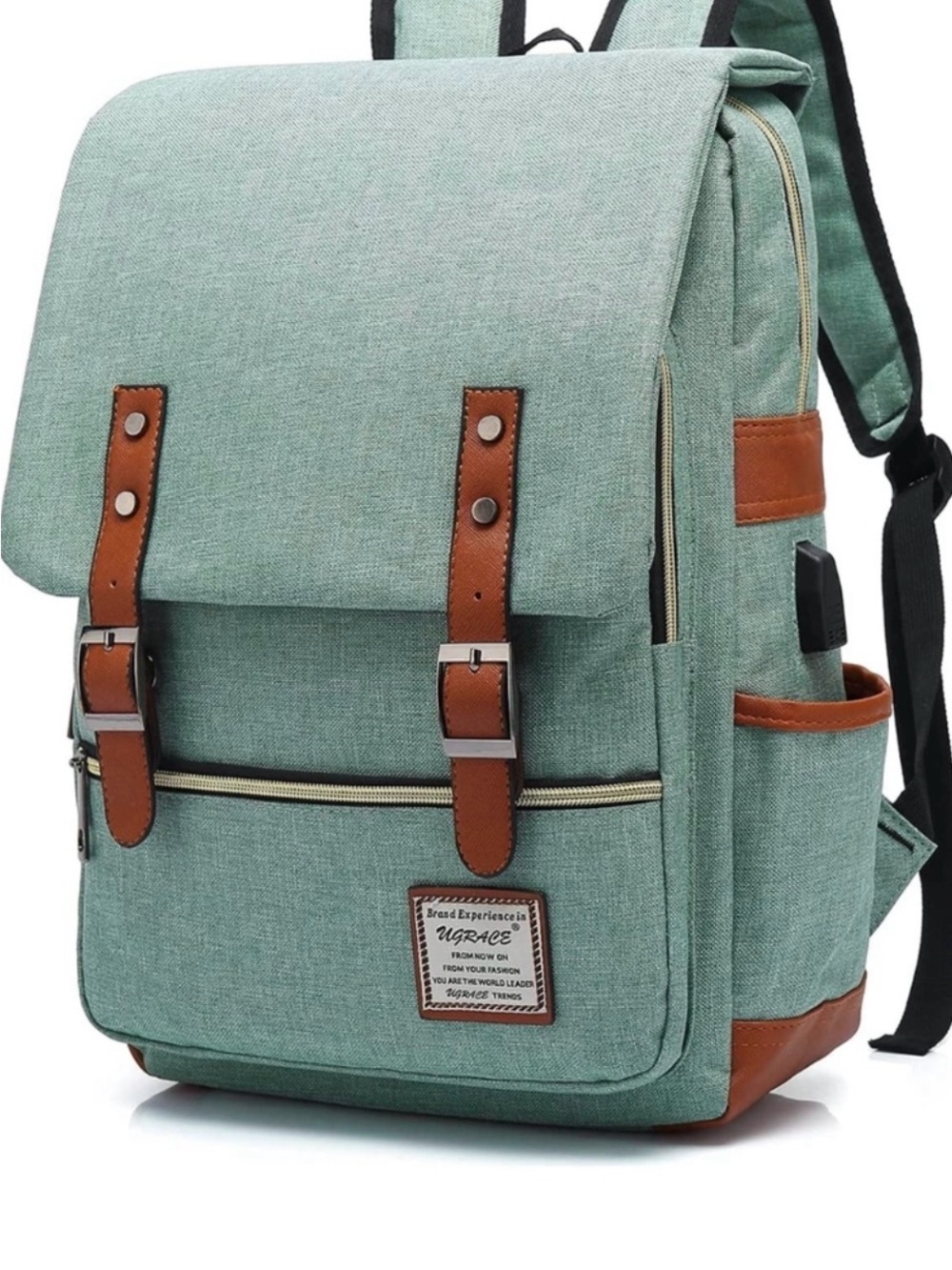 Ugrace Green Canvas Laptop Backpack with Brown Accents and USB charging port.